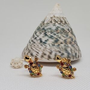Gold Turtle Stud Earrings with Multicolor Stones